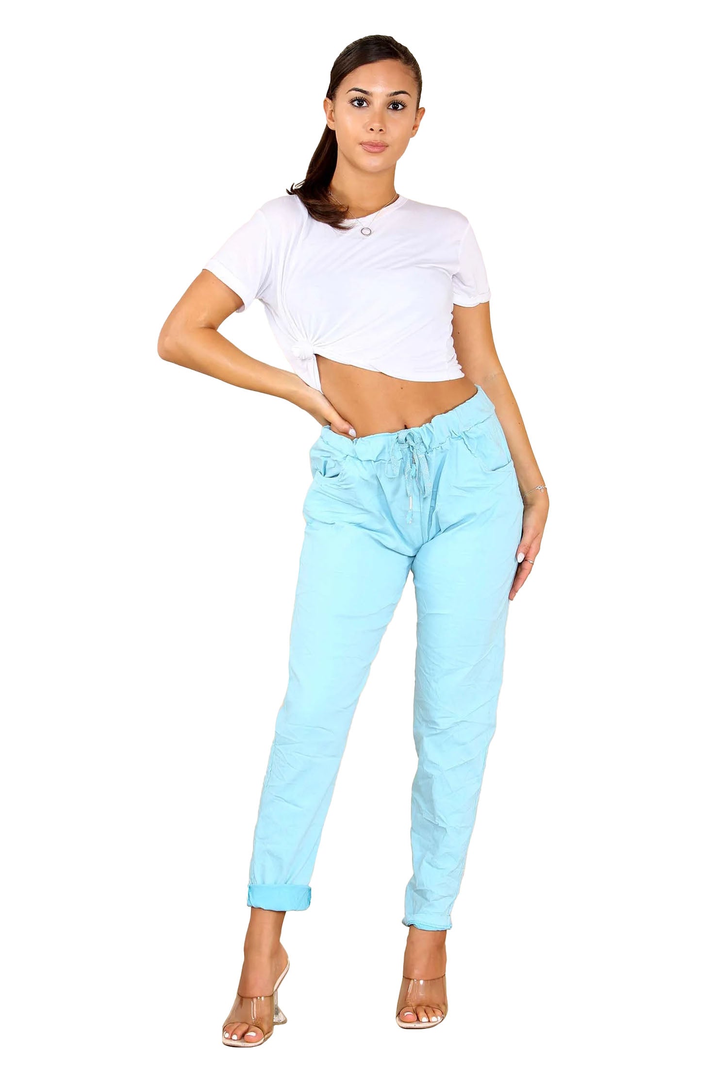 Italian Glitter Drawstring Waistband Magic Pants - Sky Blue