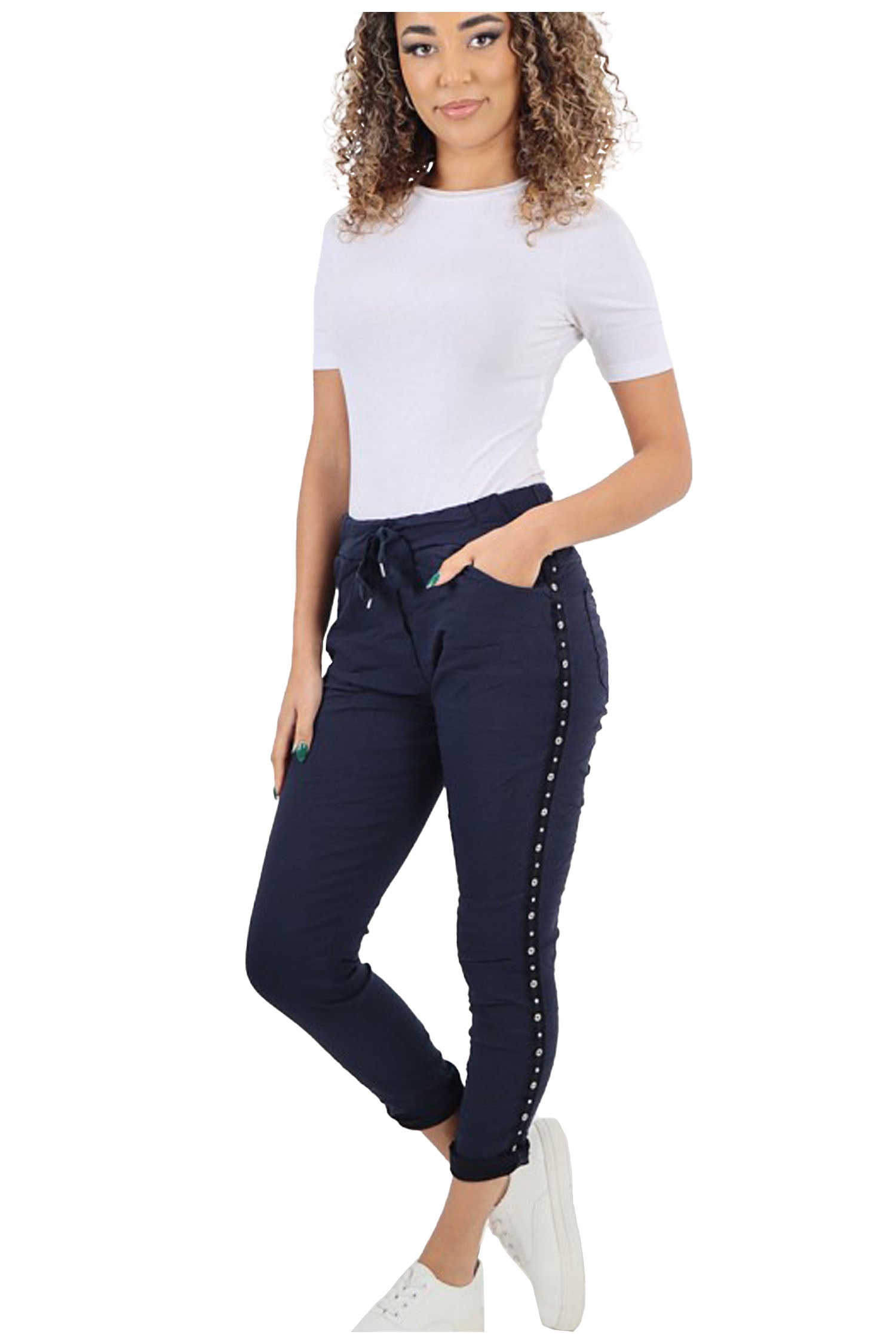 Italian Drawstring Diamante Panel Elasticated Magic Pants - Navy