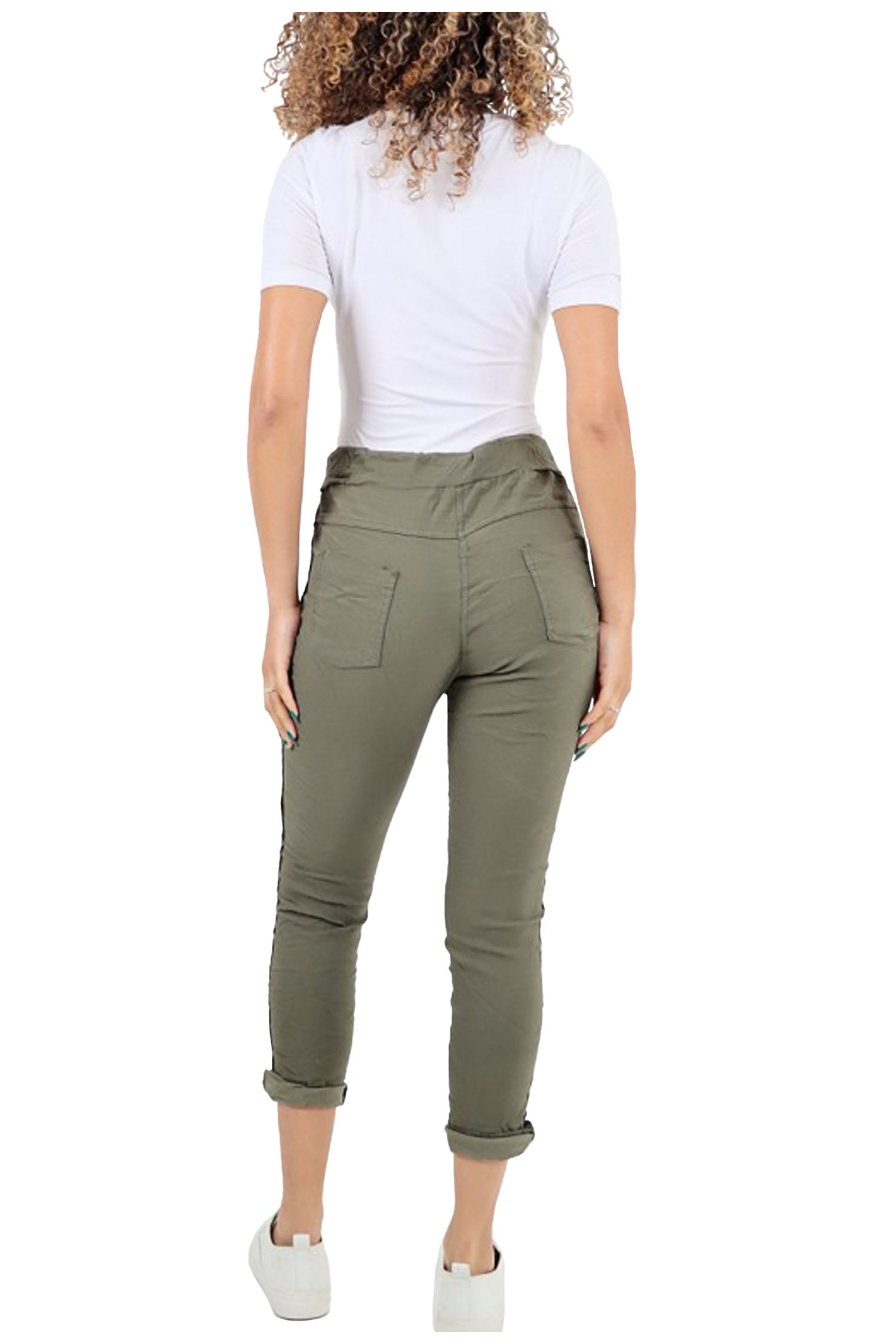 Italian Drawstring Diamante Panel Elasticated Magic Pants - Army Green