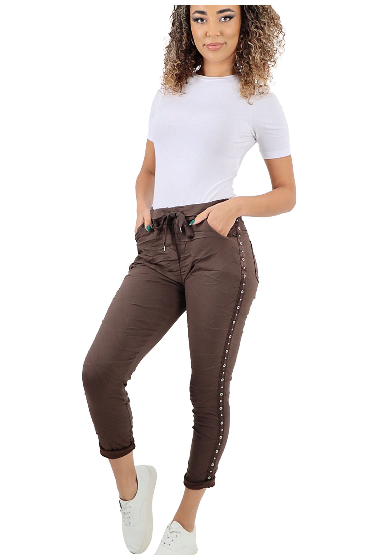 Italian Drawstring Diamante Panel Elasticated Magic Pants - Chocolate