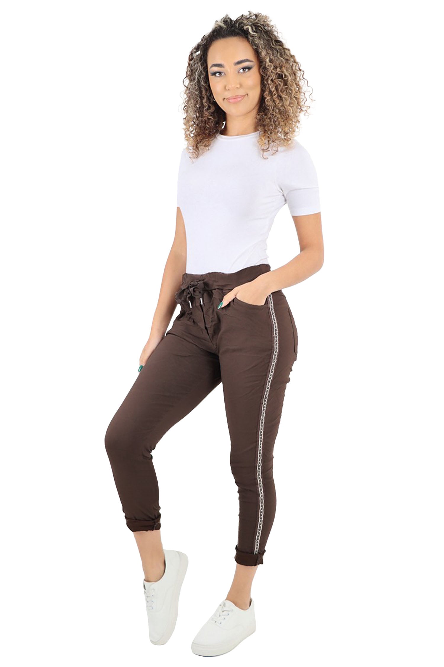 Italian Diamante Stripe Elasticated Trousers - Chocolate