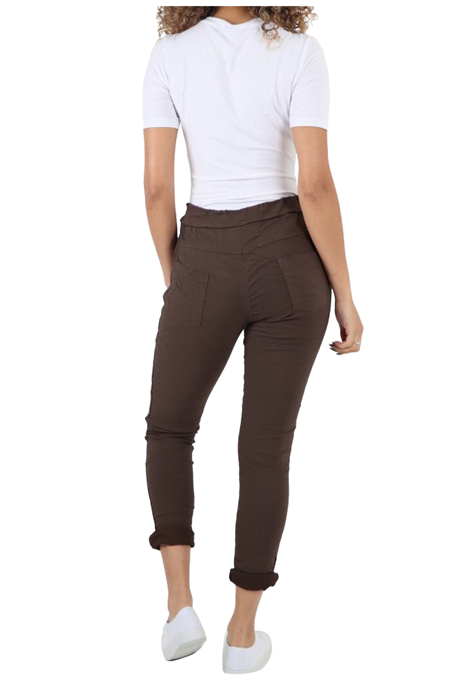 Italian Diamante Stripe Elasticated Trousers - Chocolate