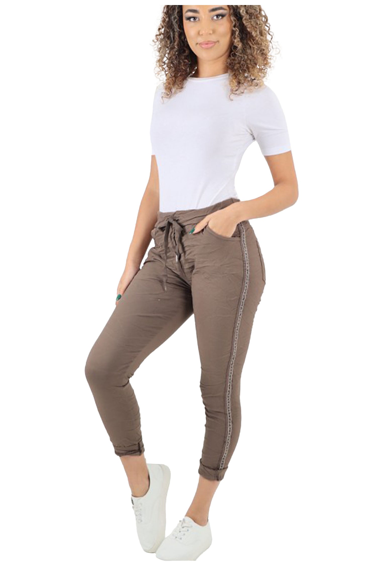 Italian Diamante Stripe Elasticated Trousers - Dark Mocha