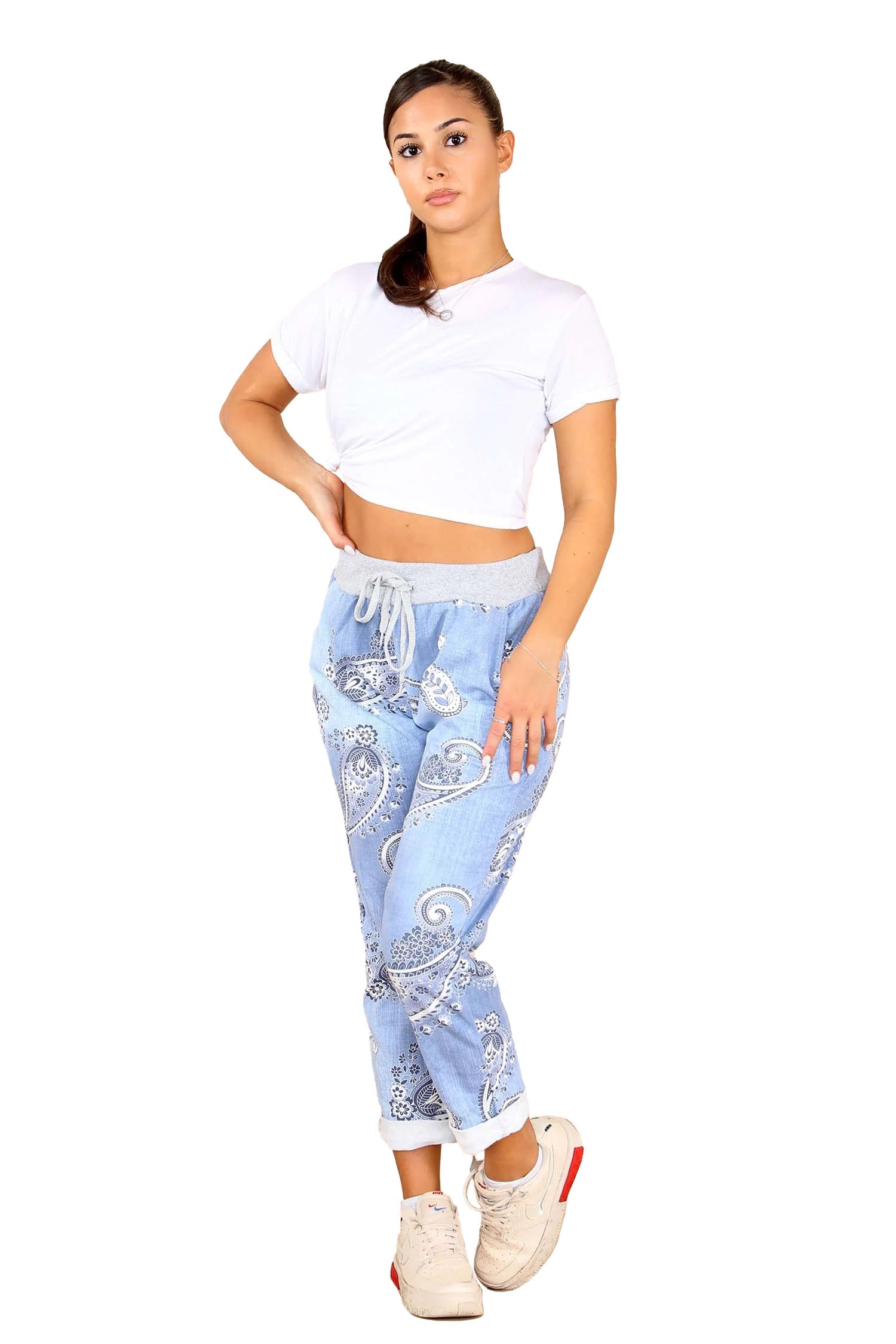 Italian Paisley Print Drawstring Cotton Joggers - Lite Denim