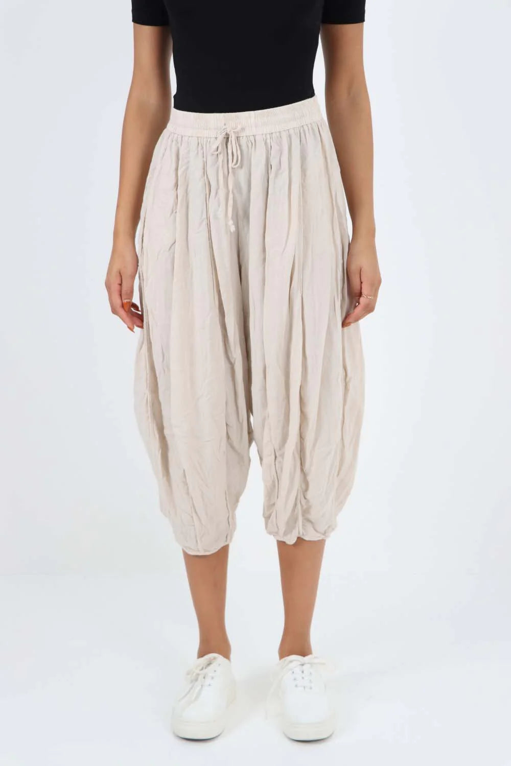 Italian Panelled 3/4 Length Linen Joggers - Nude