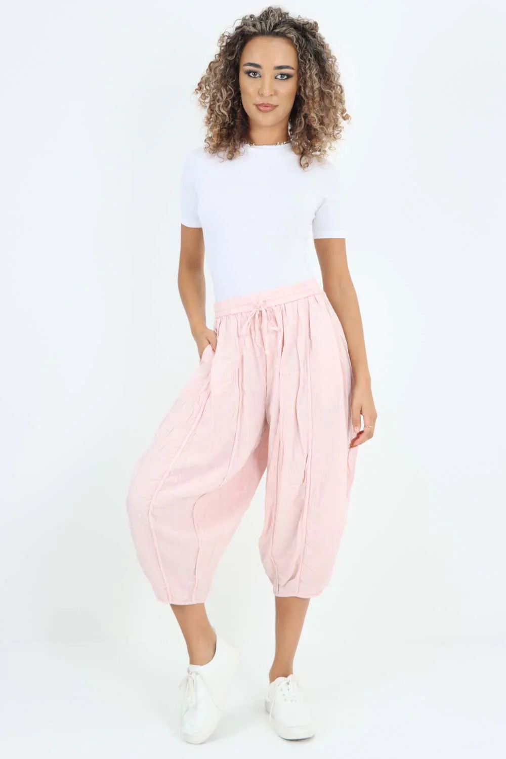 Italian Panelled 3/4 Length Linen Joggers - Baby Pink