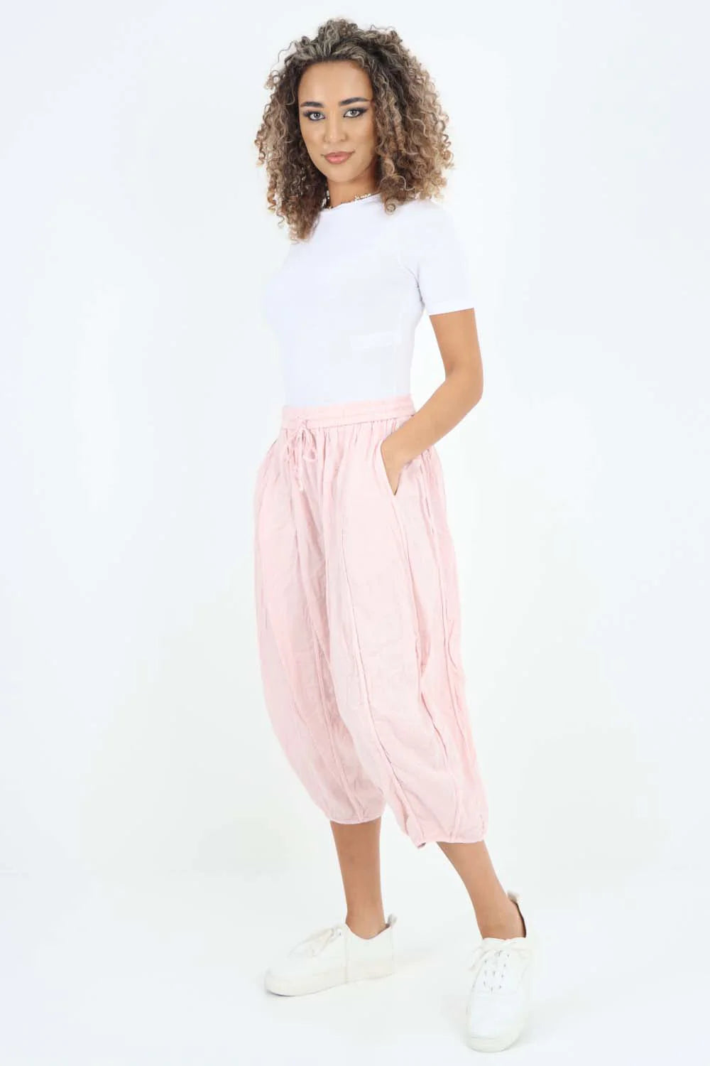 Italian Panelled 3/4 Length Linen Joggers - Baby Pink