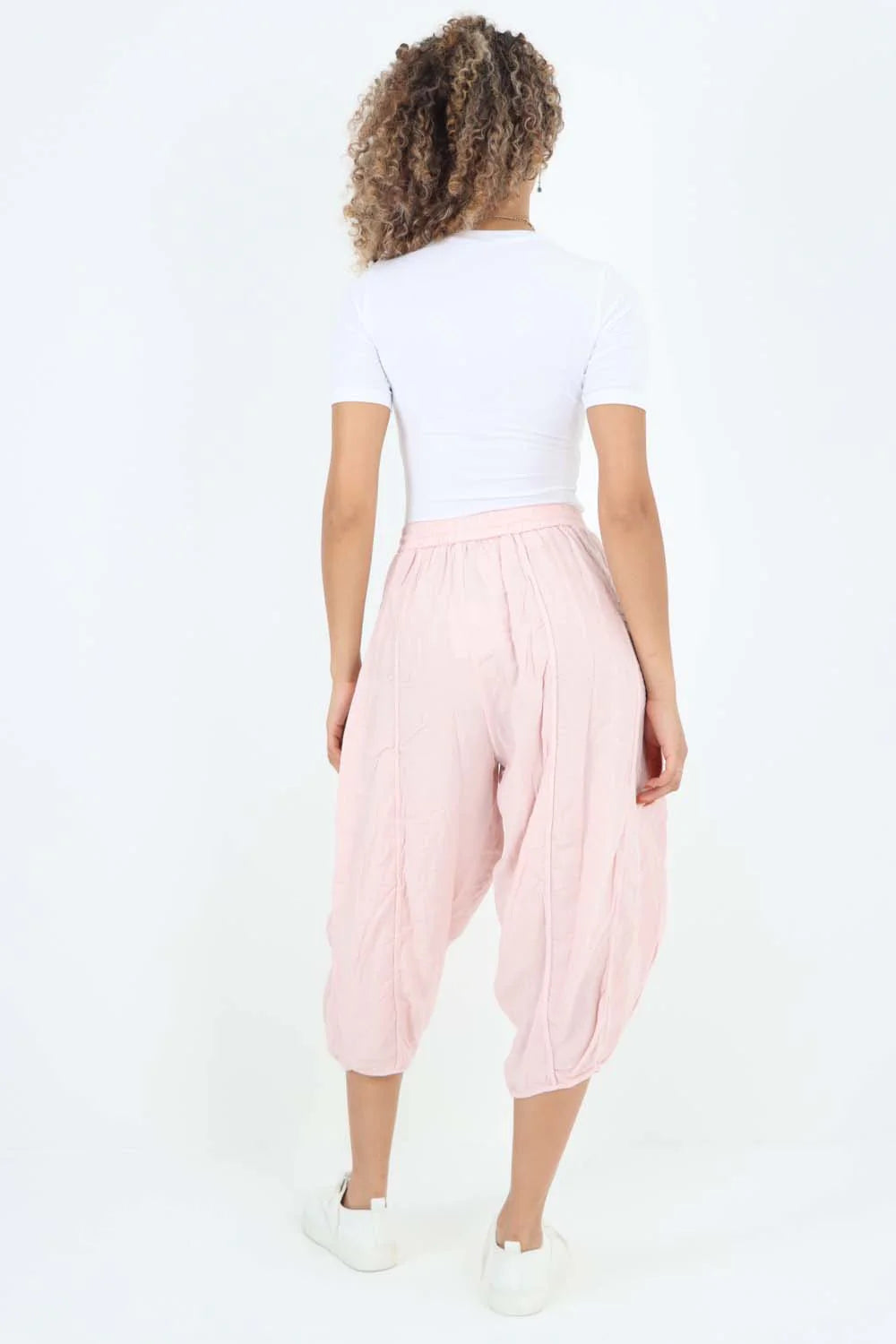 Italian Panelled 3/4 Length Linen Joggers - Baby Pink