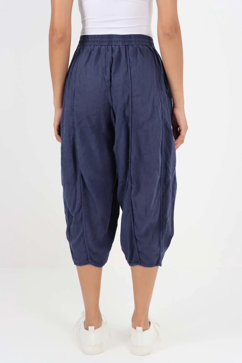 Italian Panelled 3/4 Length Linen Joggers - Dark Denim