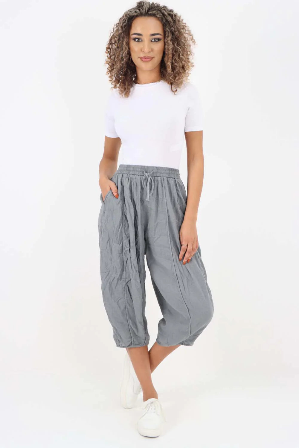 Italian Panelled 3/4 Length Linen Joggers - Grey