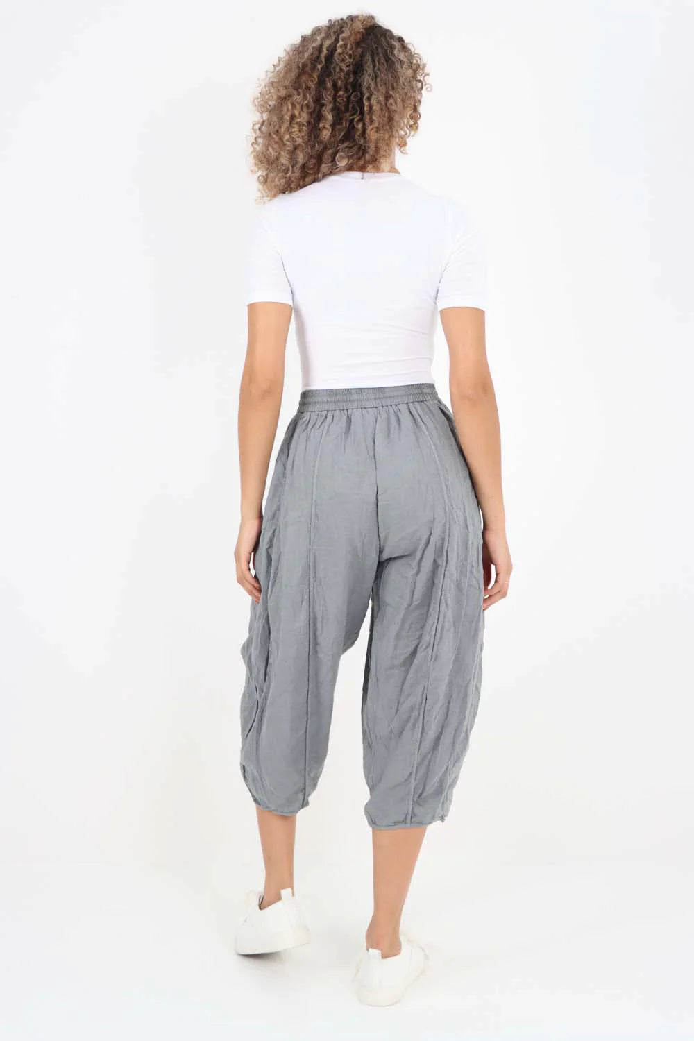 Italian Panelled 3/4 Length Linen Joggers - Grey