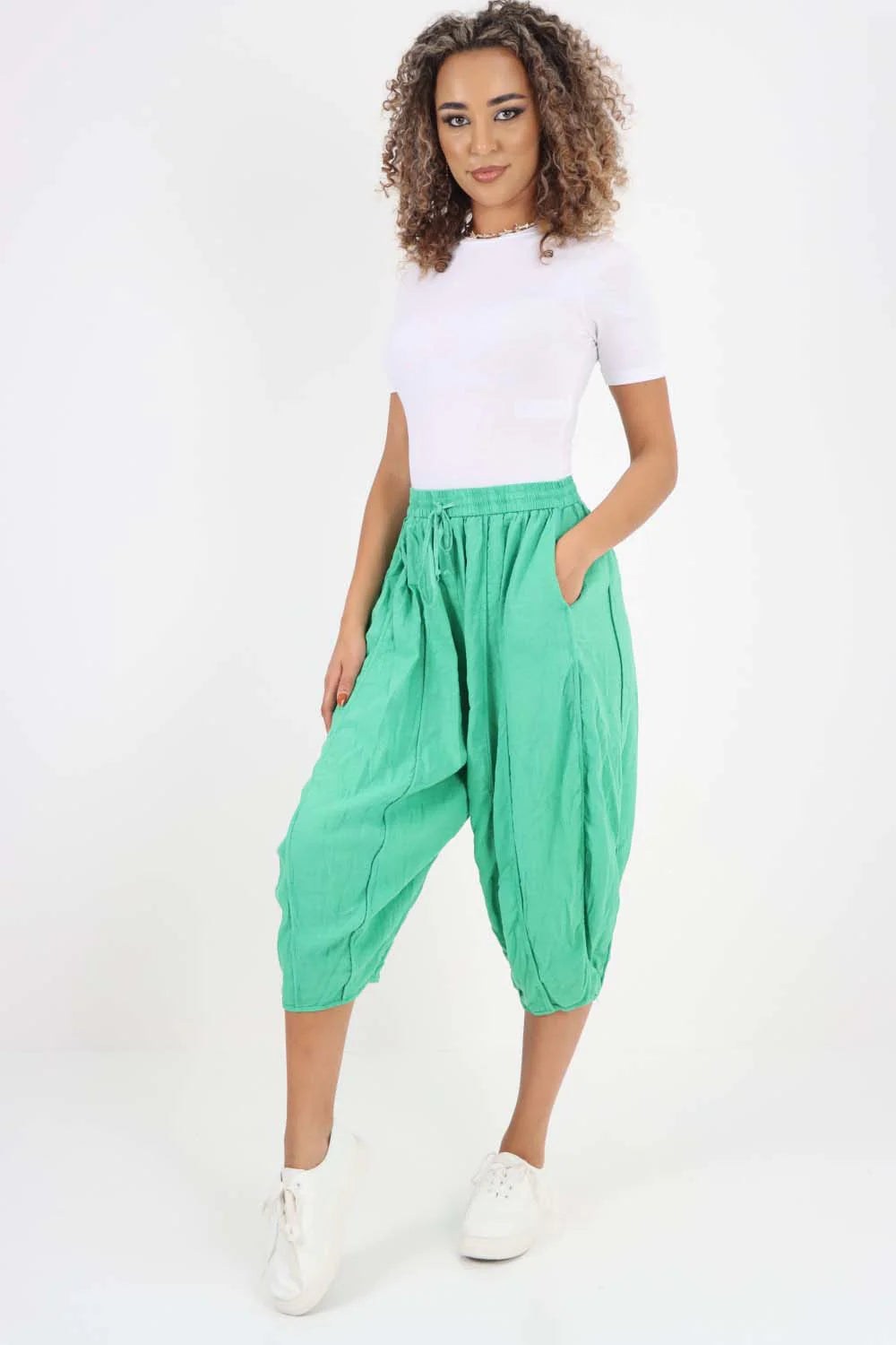 Italian Panelled 3/4 Length Linen Joggers - Jade Green