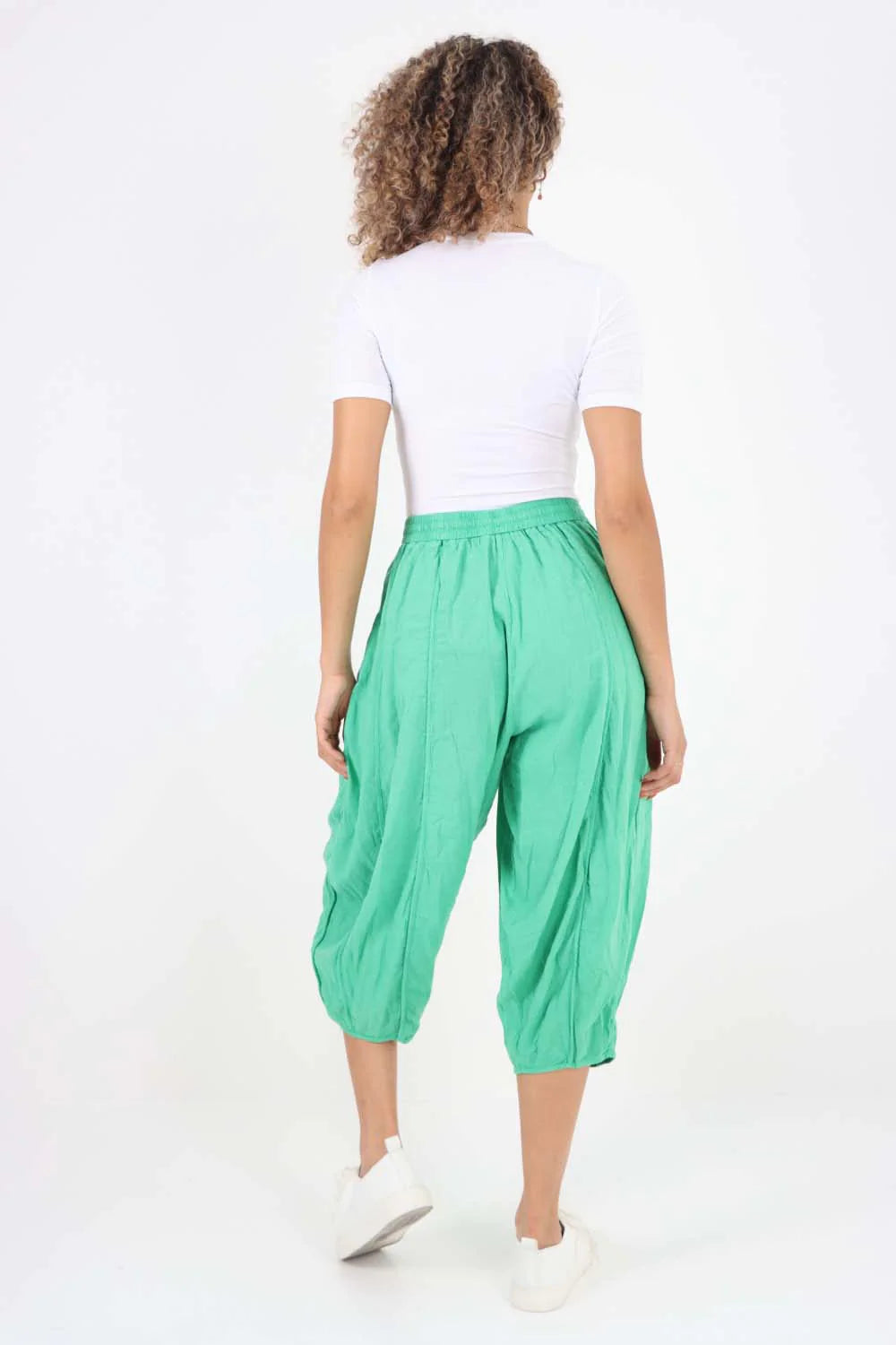 Italian Panelled 3/4 Length Linen Joggers - Jade Green