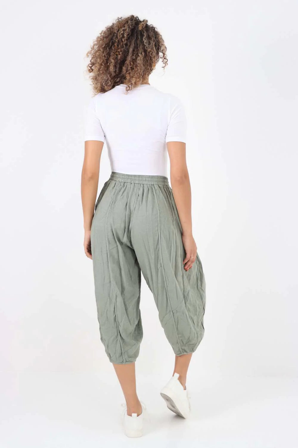 Italian Panelled 3/4 Length Linen Joggers - Khaki