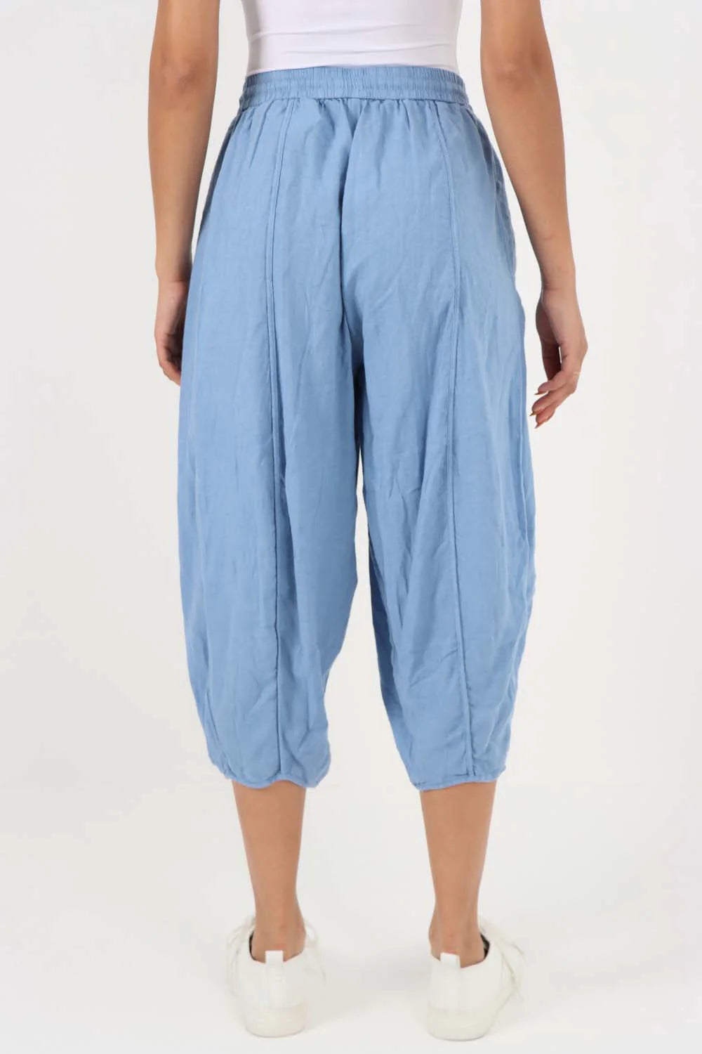 Italian Panelled 3/4 Length Linen Joggers - Light Denim