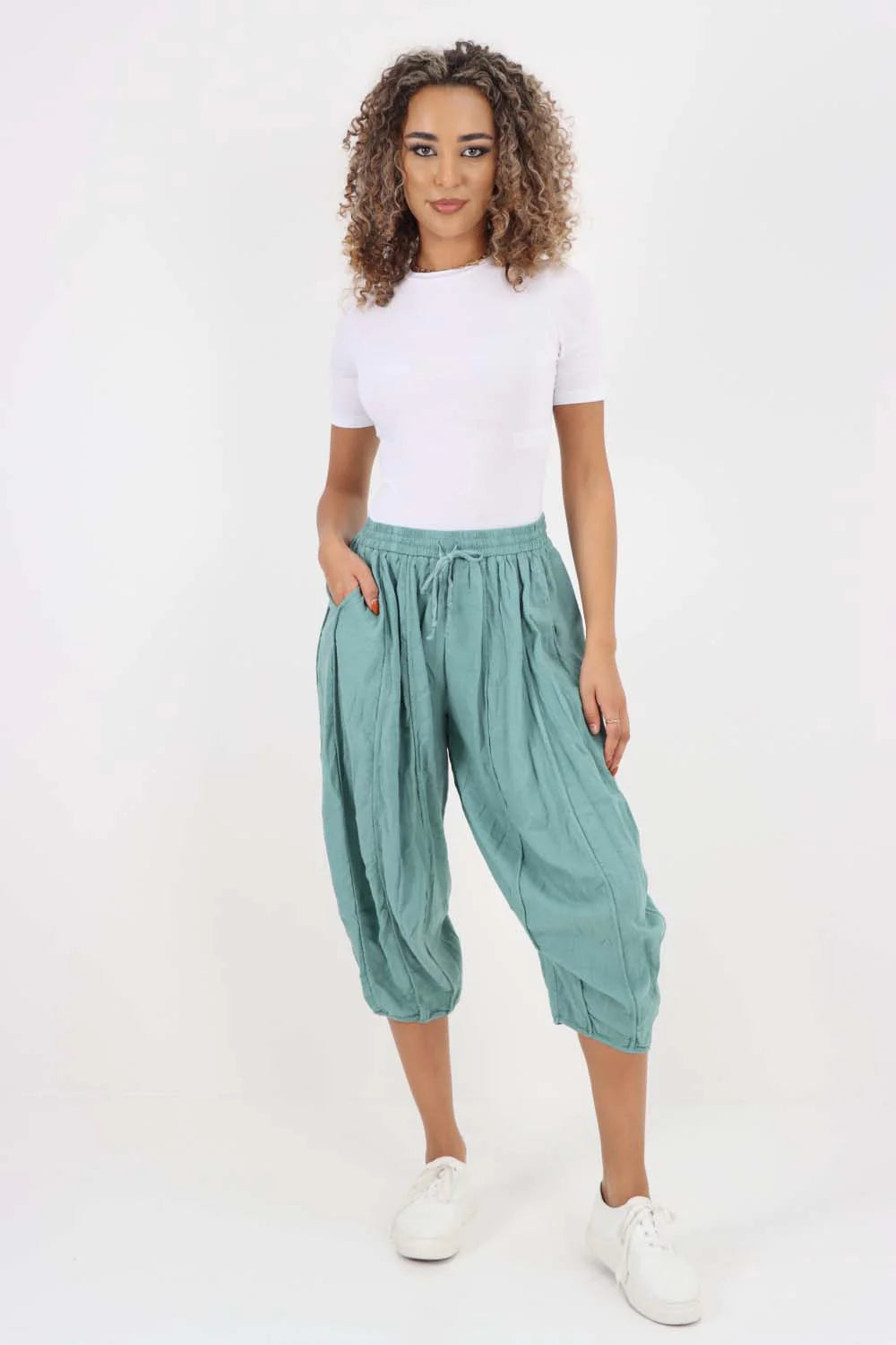 Italian Panelled 3/4 Length Linen Joggers - Sea Green