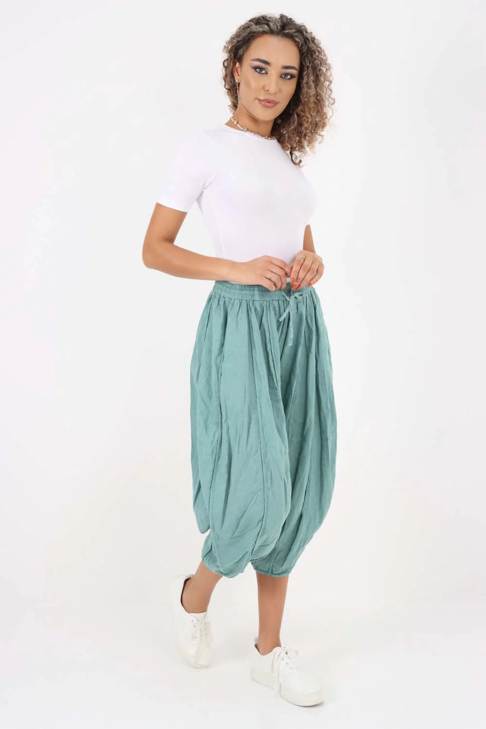 Italian Panelled 3/4 Length Linen Joggers - Sea Green