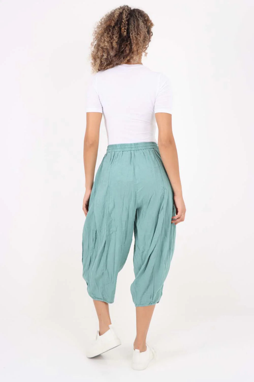 Italian Panelled 3/4 Length Linen Joggers - Sea Green