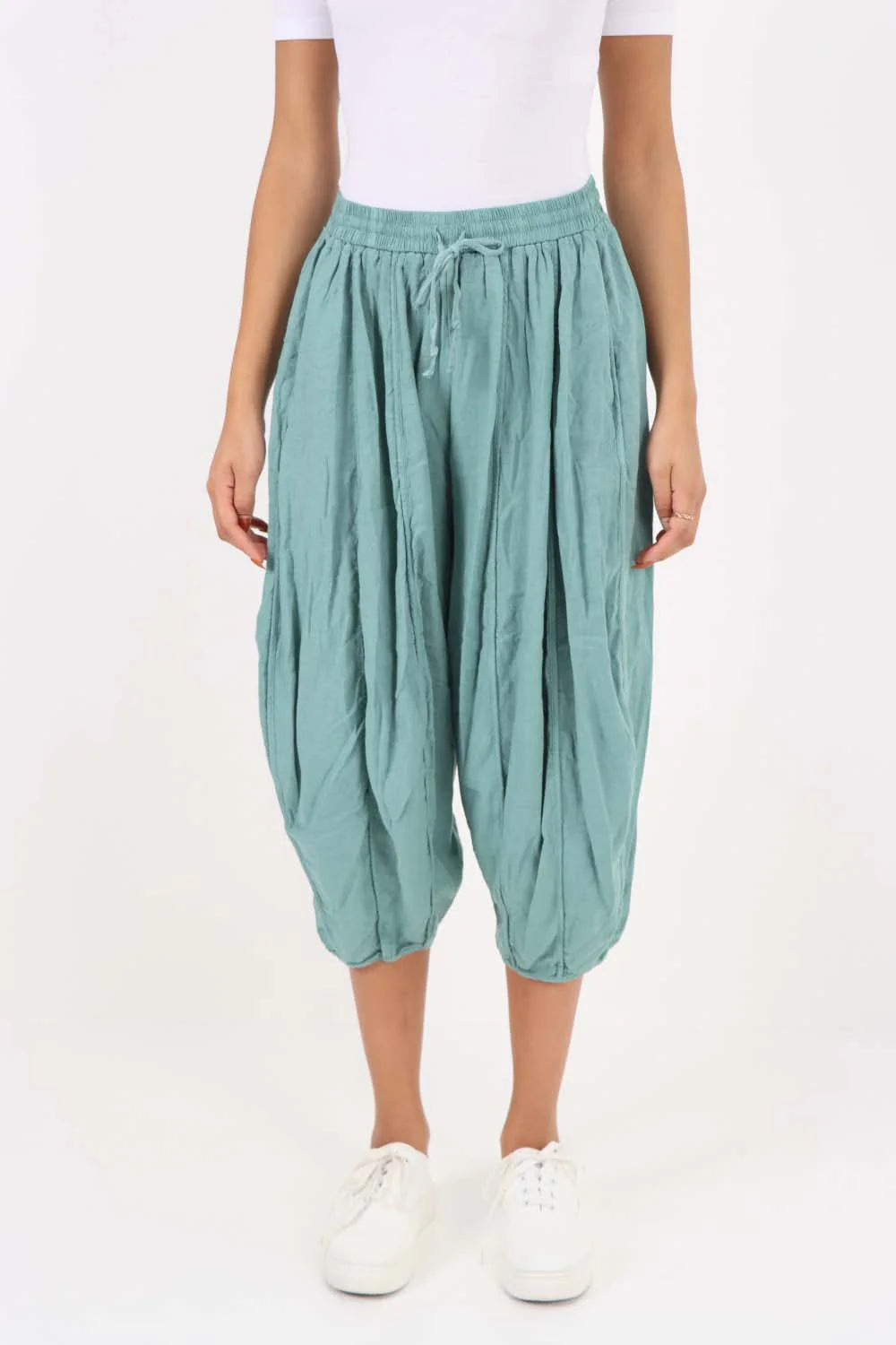 Italian Panelled 3/4 Length Linen Joggers - Sea Green