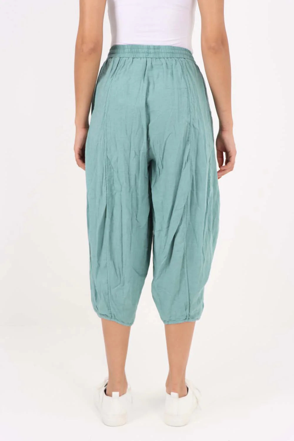 Italian Panelled 3/4 Length Linen Joggers - Sea Green