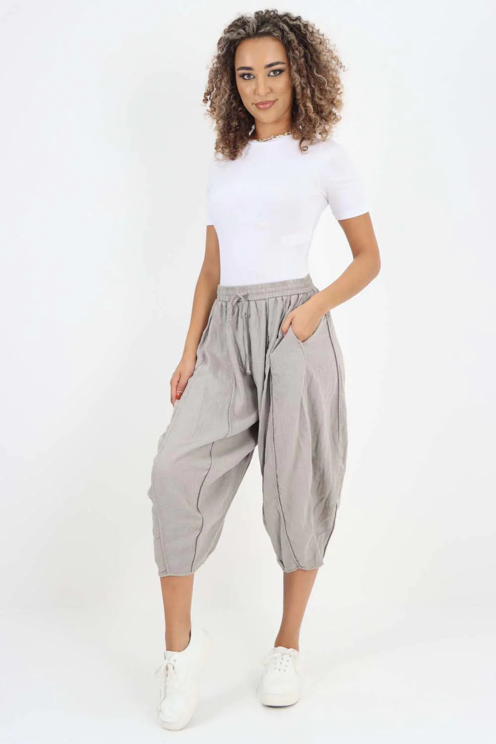 Italian Panelled 3/4 Length Linen Joggers - Stone