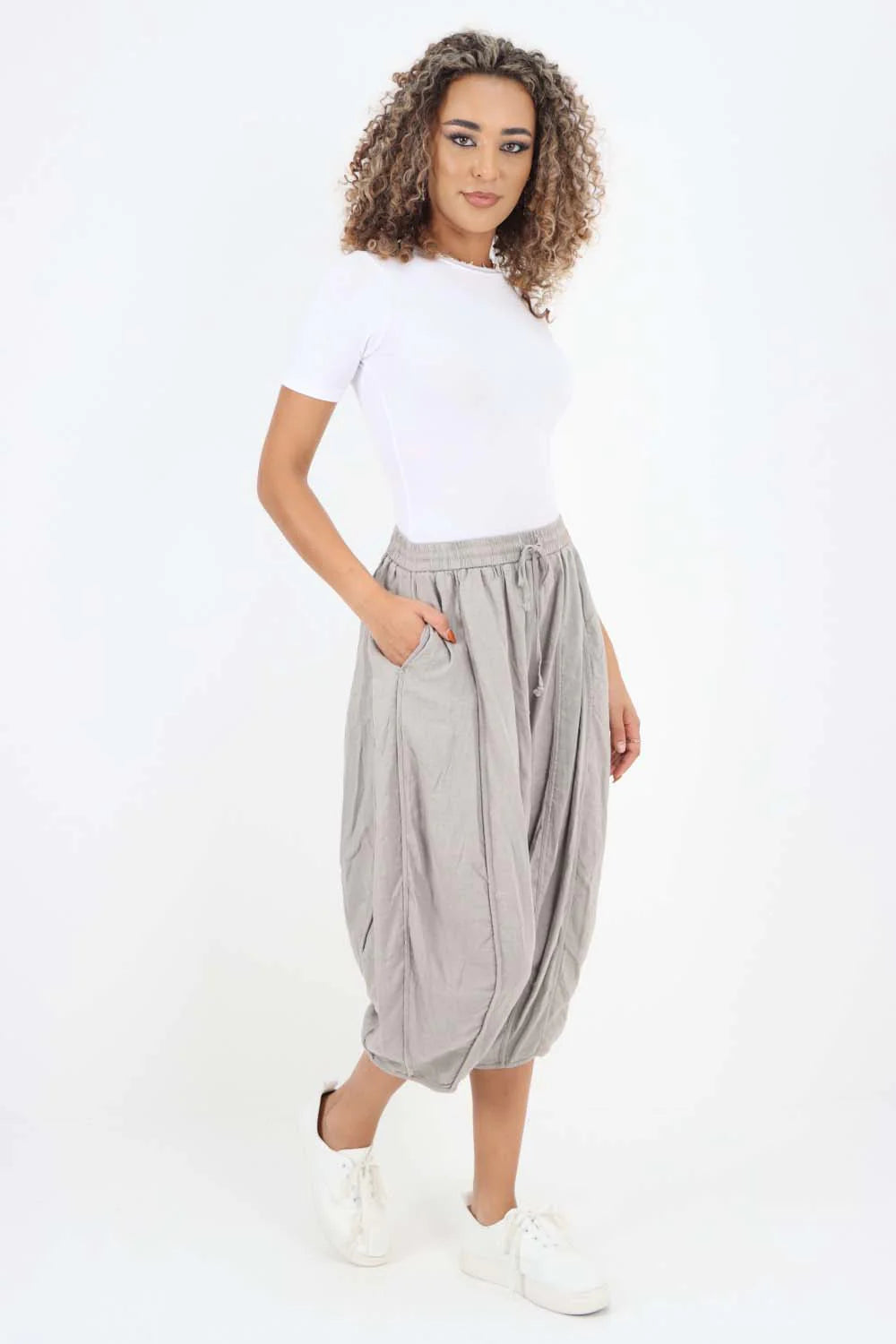 Italian Panelled 3/4 Length Linen Joggers - Stone