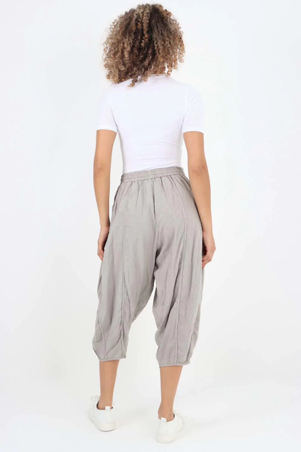 Italian Panelled 3/4 Length Linen Joggers - Stone