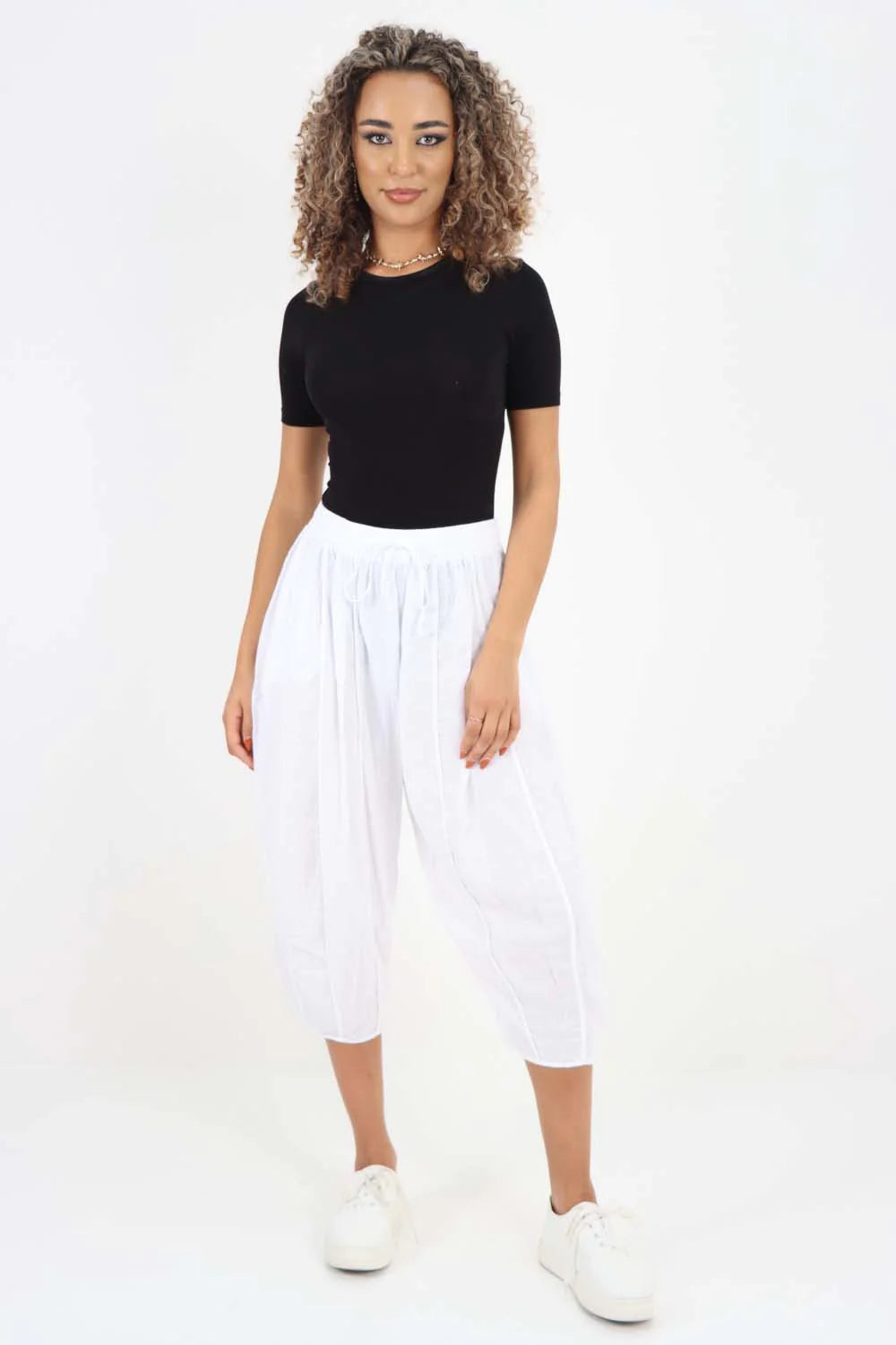 Italian Panelled 3/4 Length Linen Joggers - White