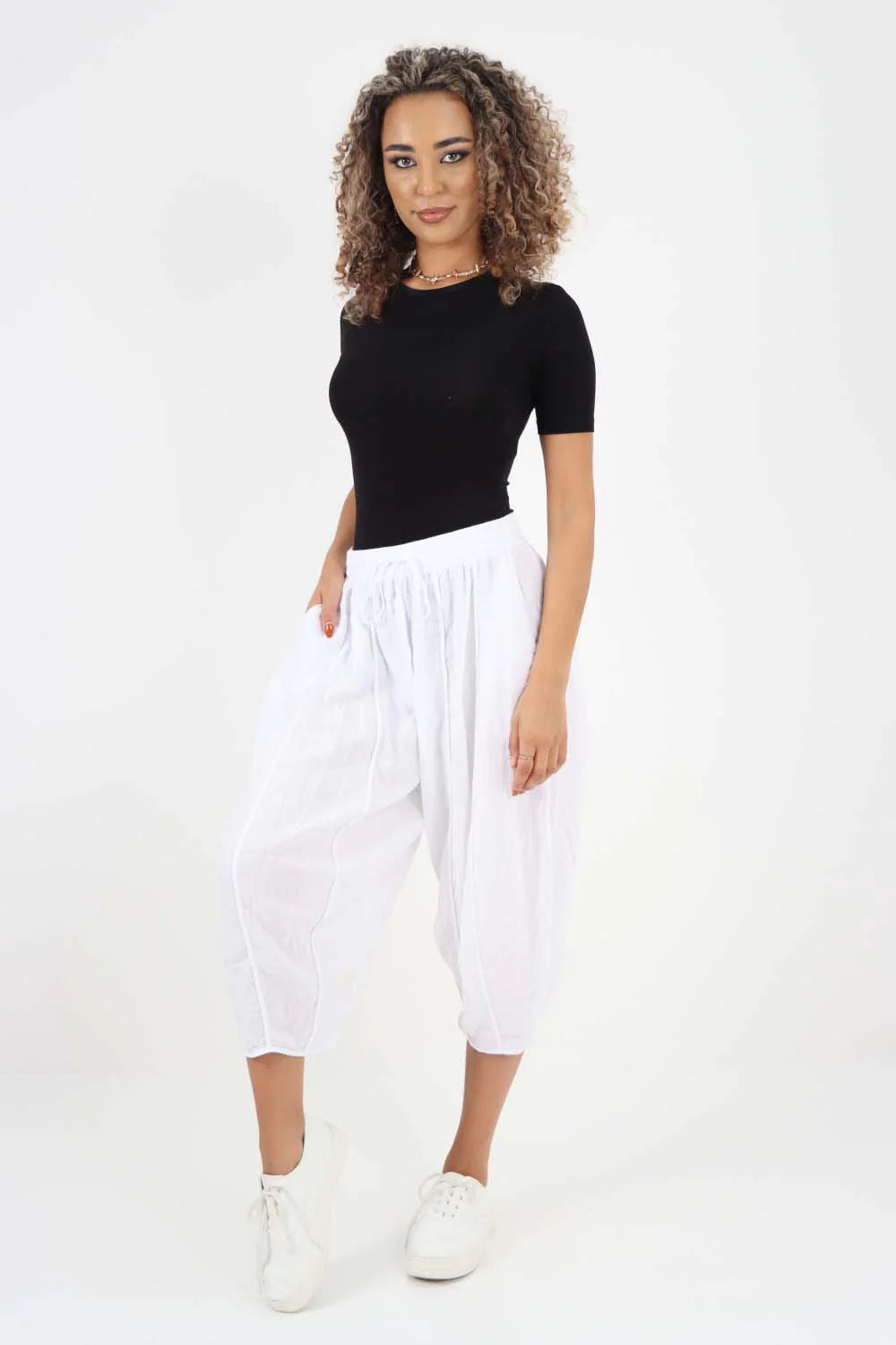 Italian Panelled 3/4 Length Linen Joggers - White