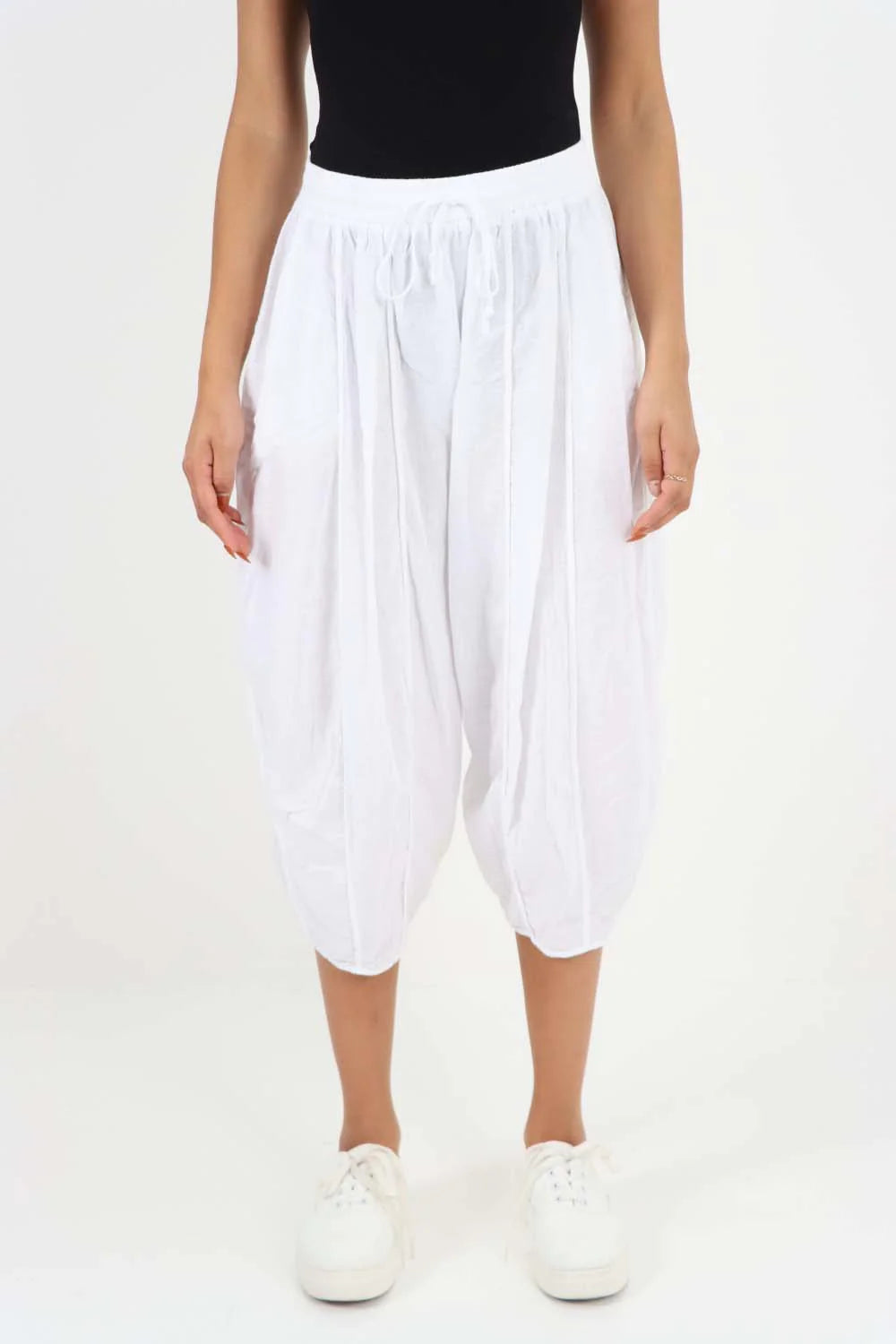 Italian Panelled 3/4 Length Linen Joggers - White