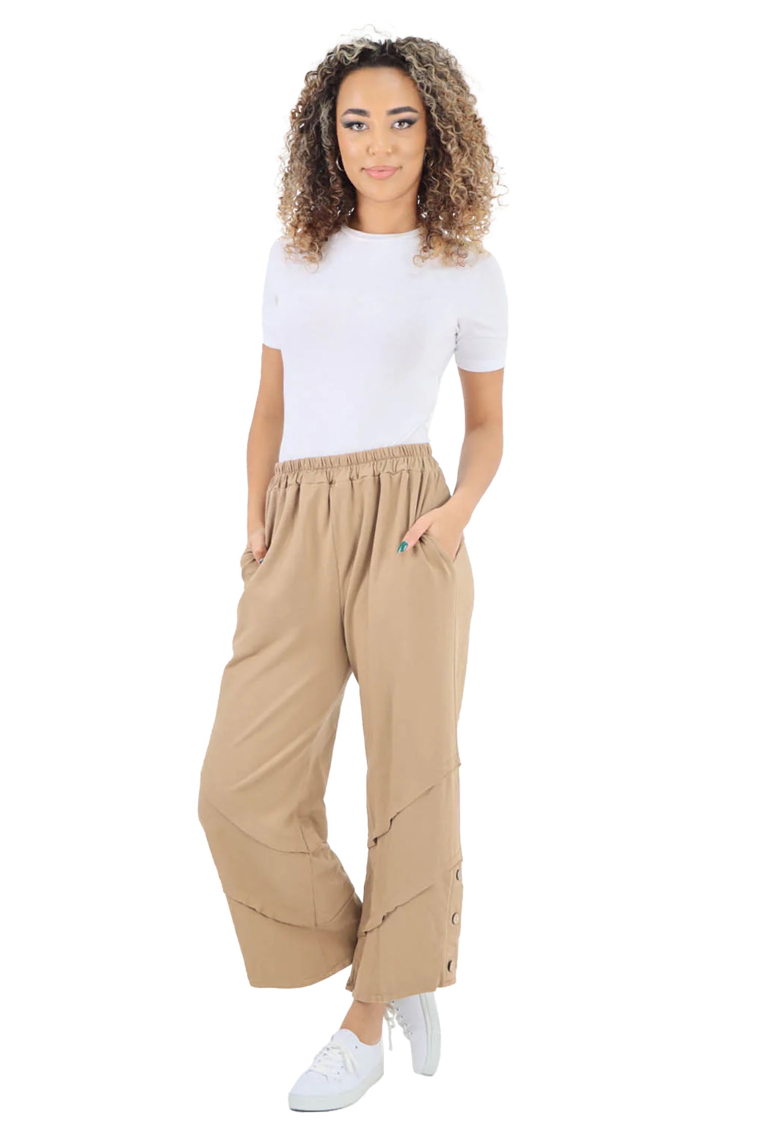 Plain Button Hem Pocket Trouser - Beige