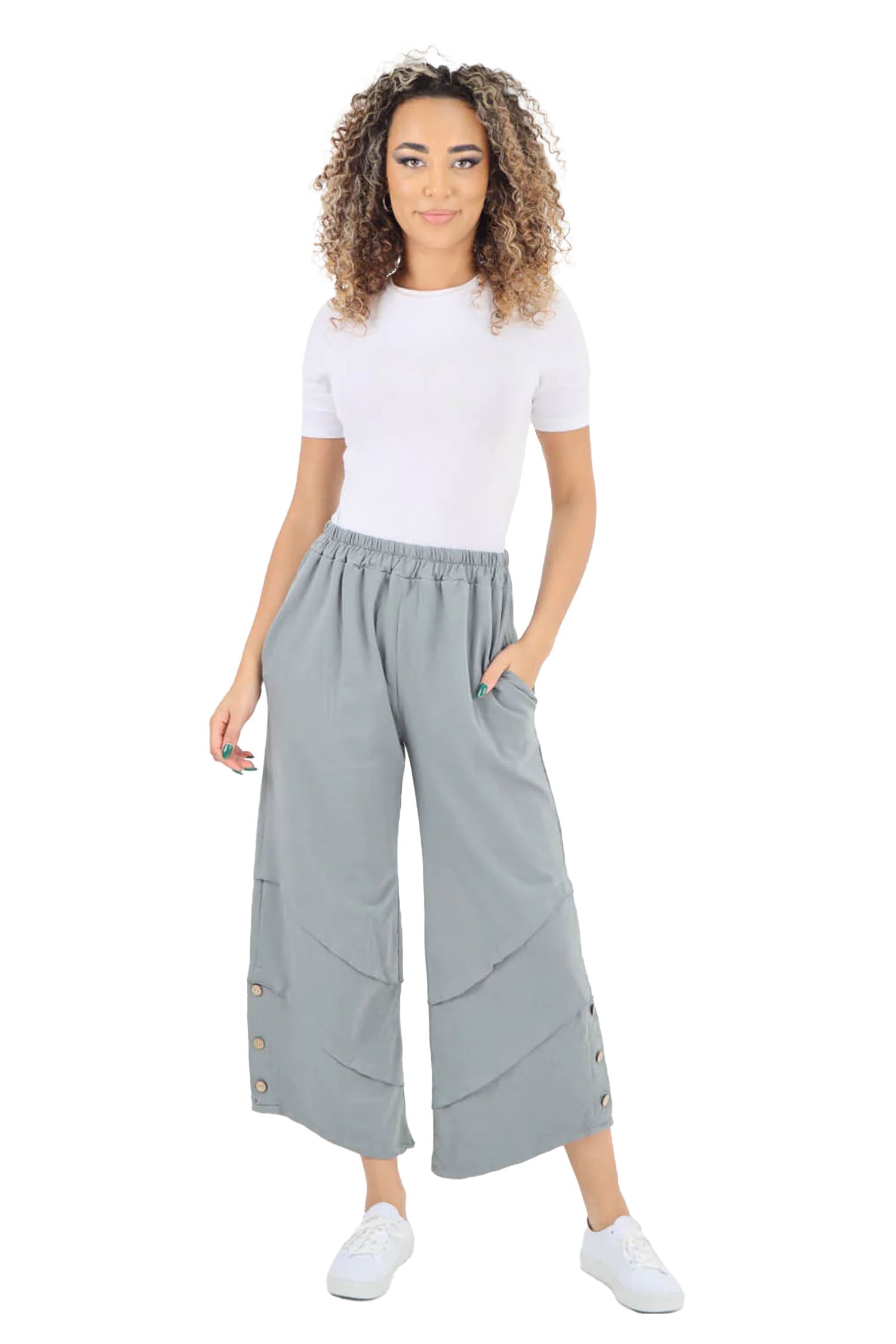 Plain Button Hem Pocket Trouser - Grey