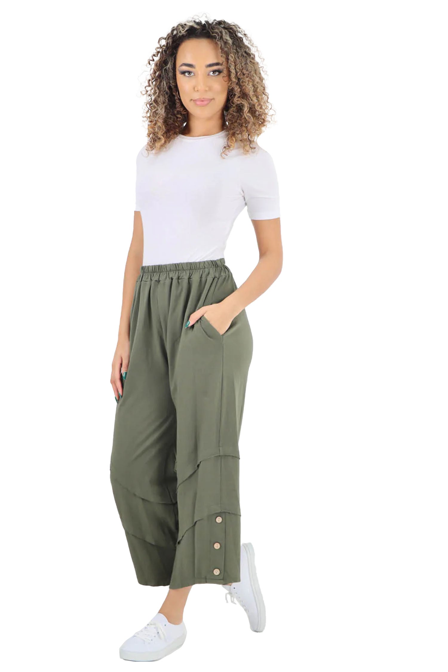 Plain Button Hem Pocket Trouser - Khaki