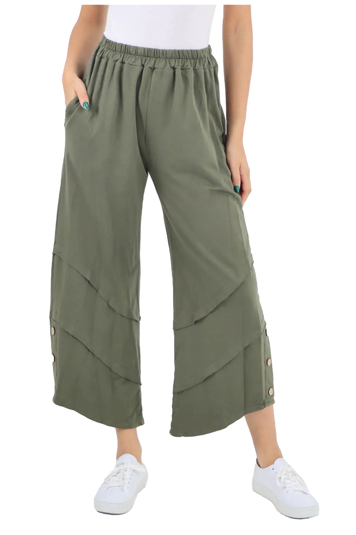 Plain Button Hem Pocket Trouser - Khaki