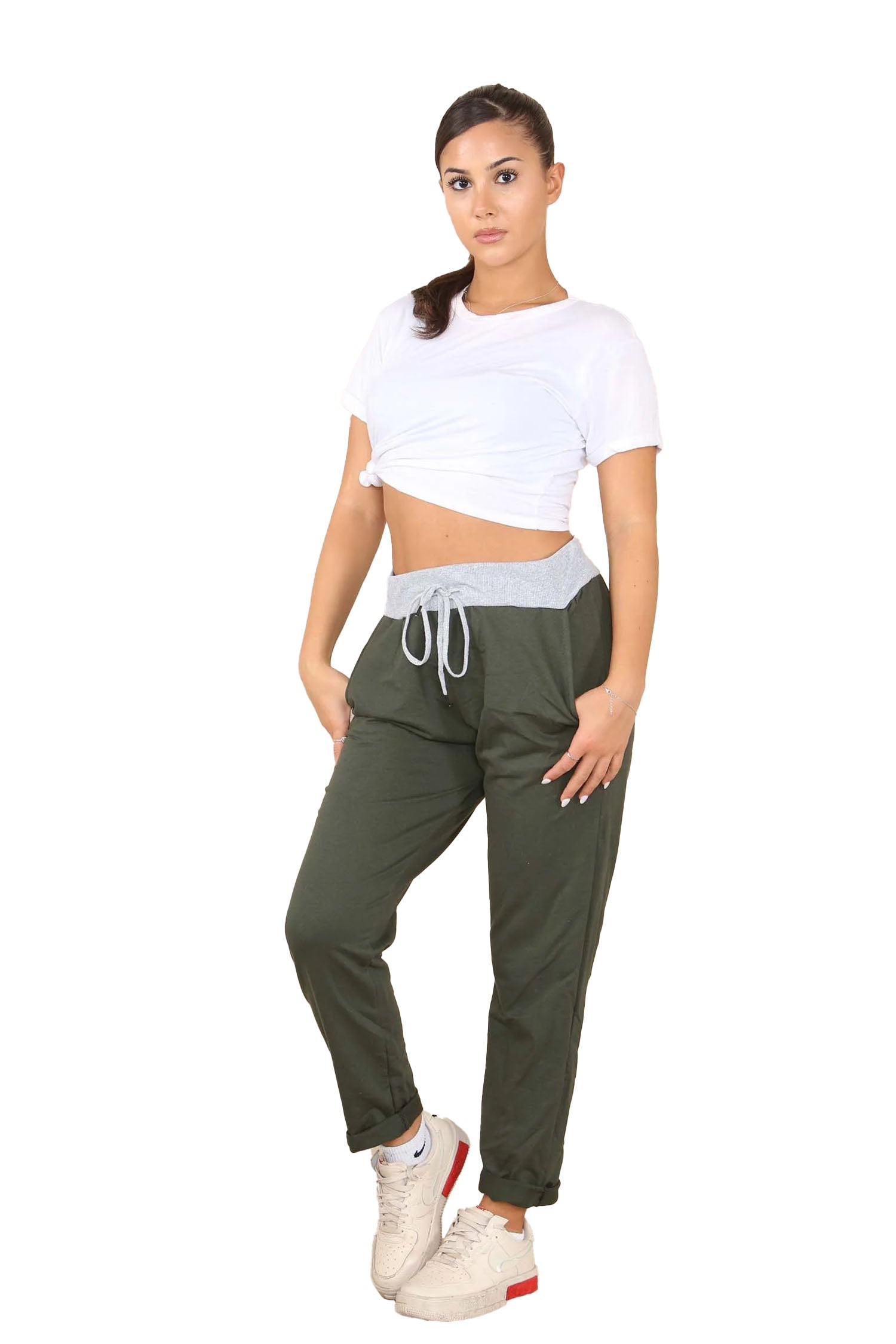 Italian Plain Drawstring Cotton Joggers - Khaki