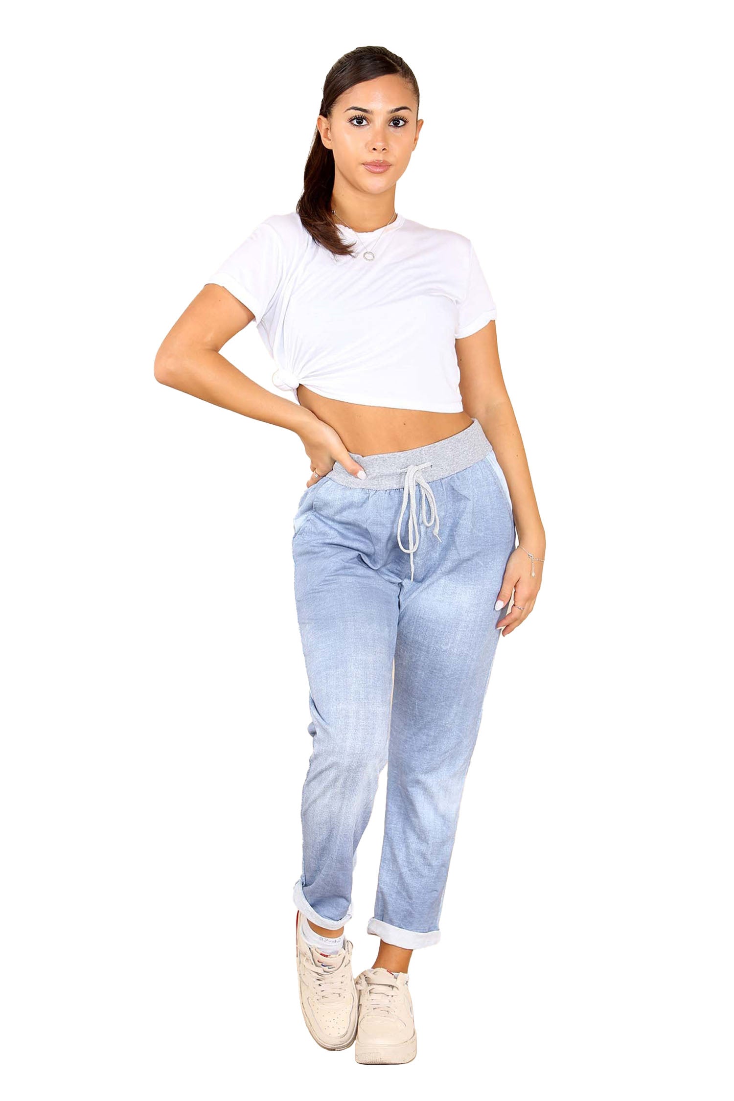 Italian Plain Drawstring Cotton Joggers - Lite Denim