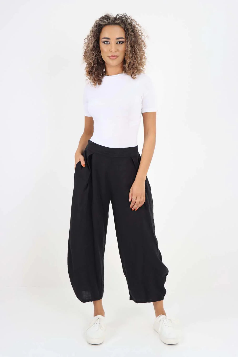 Italian Plain Layered 3/4 Linen Jogger - Black