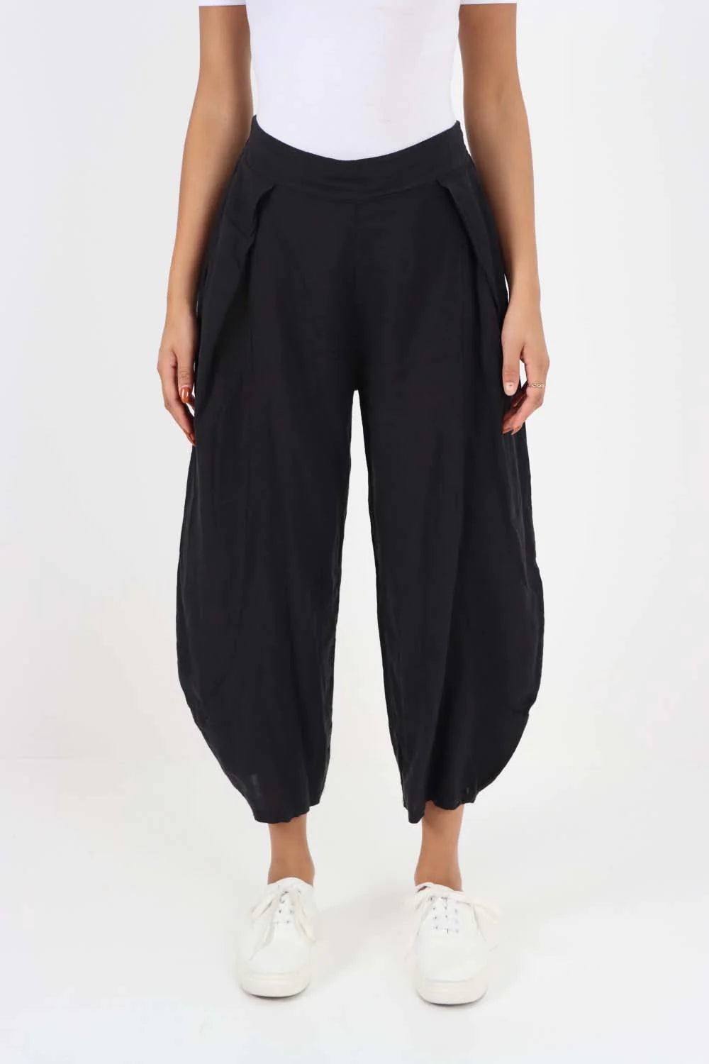 Italian Plain Layered 3/4 Linen Jogger - Black