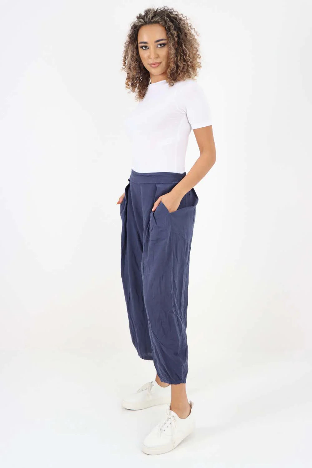 Italian Plain Layered 3/4 Linen Jogger - Dark Denim