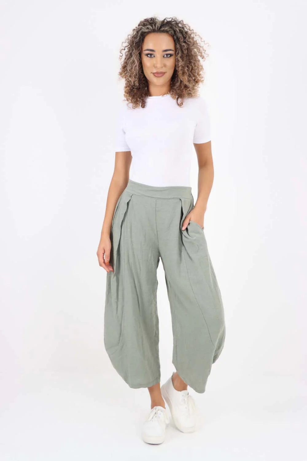 Italian Plain Layered 3/4 Linen Jogger - Khaki