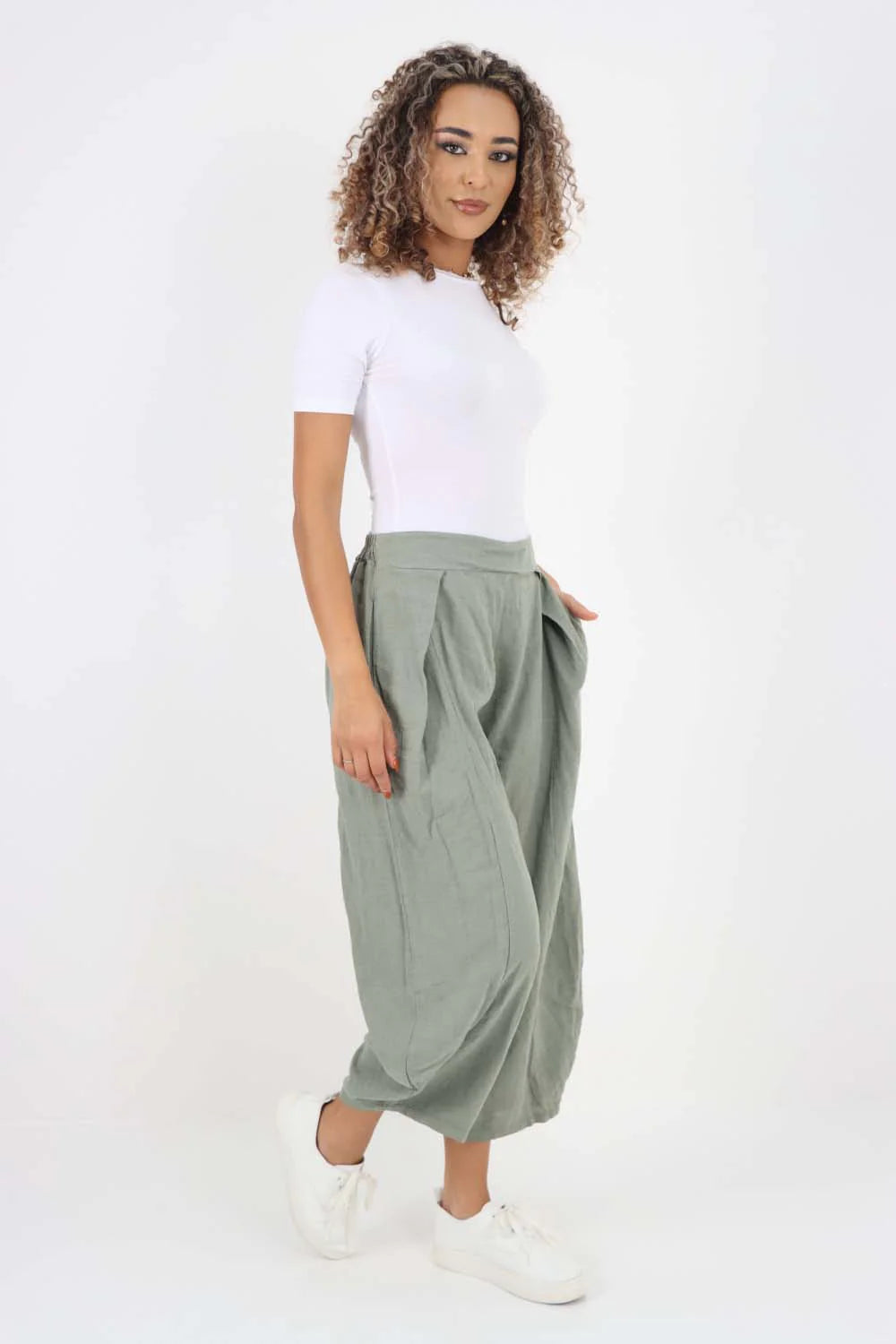 Italian Plain Layered 3/4 Linen Jogger - Khaki