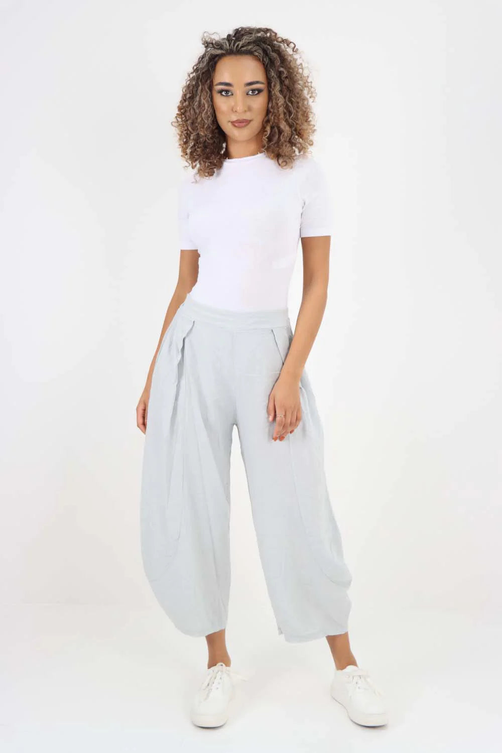 Italian Plain Layered 3/4 Linen Jogger - Silver Grey