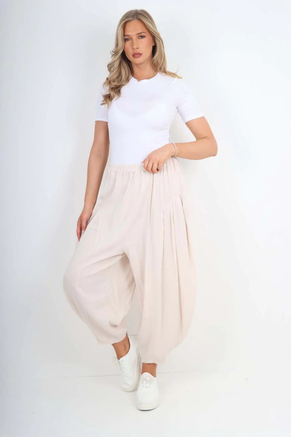 Italian Plain Linen Hareem Pants - Nude