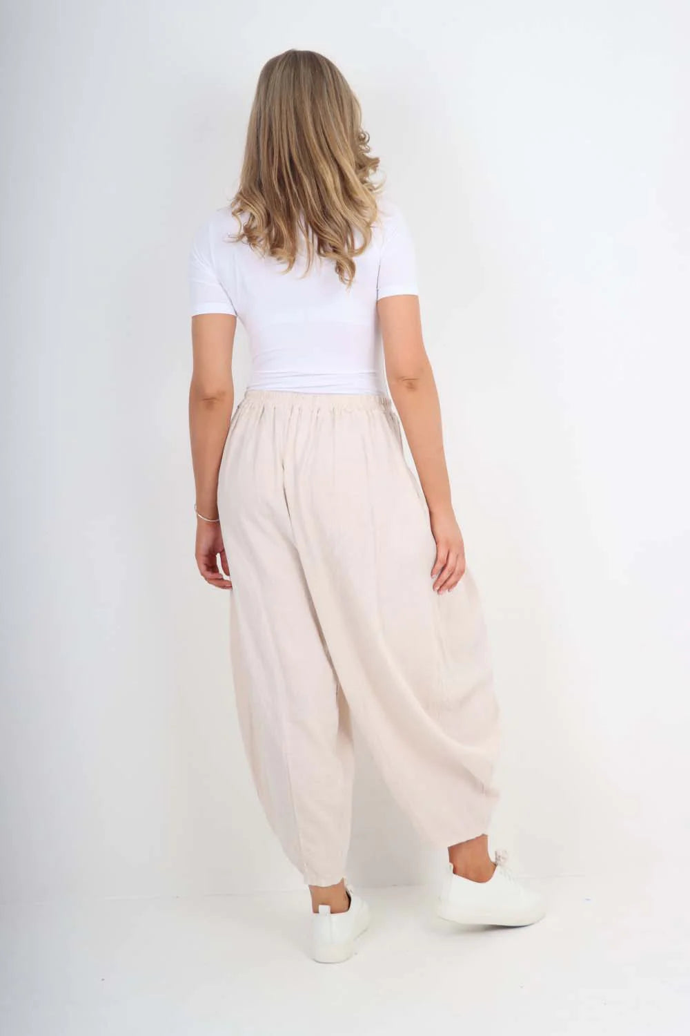 Italian Plain Linen Hareem Pants - Nude