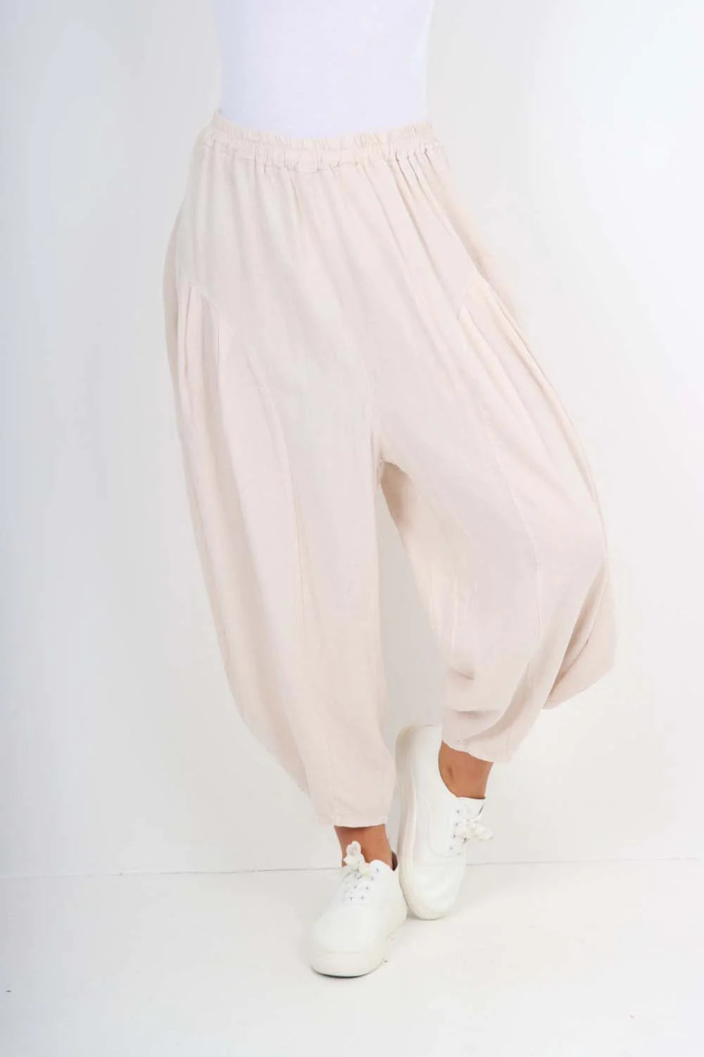 Italian Plain Linen Hareem Pants - Nude