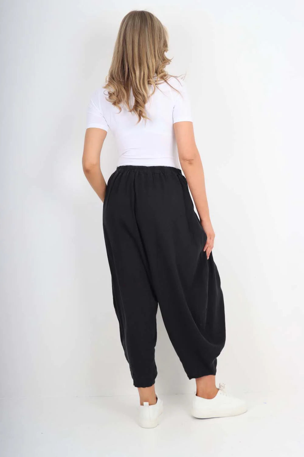 Italian Plain Linen Hareem Pants - Black