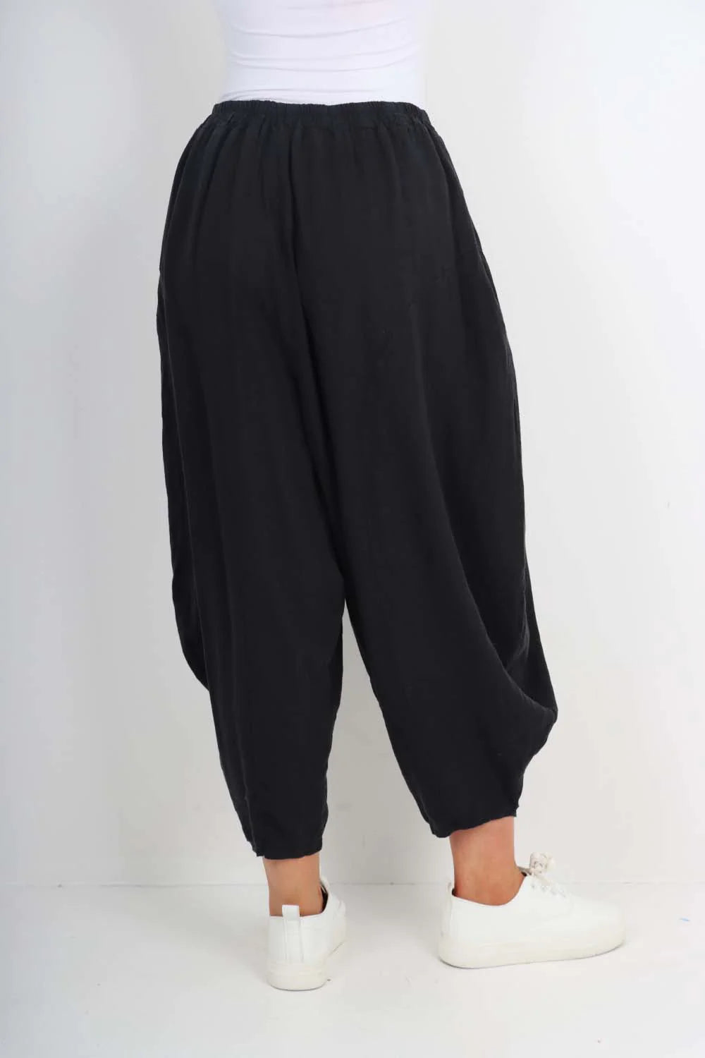 Italian Plain Linen Hareem Pants - Black