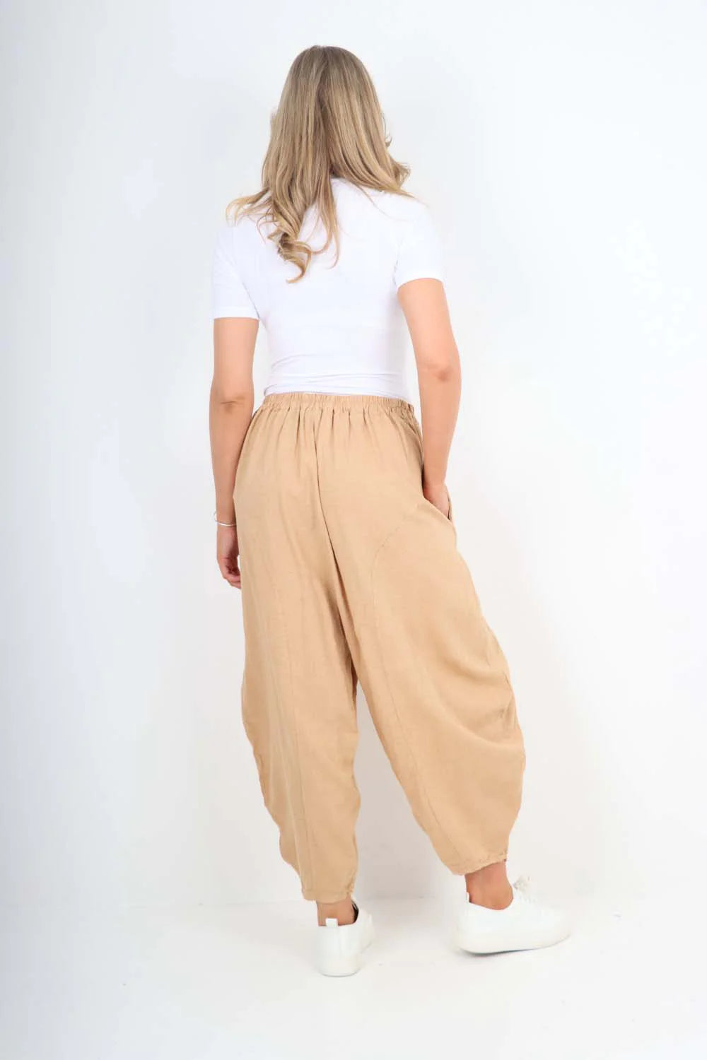 Italian Plain Linen Hareem Pants - Camel