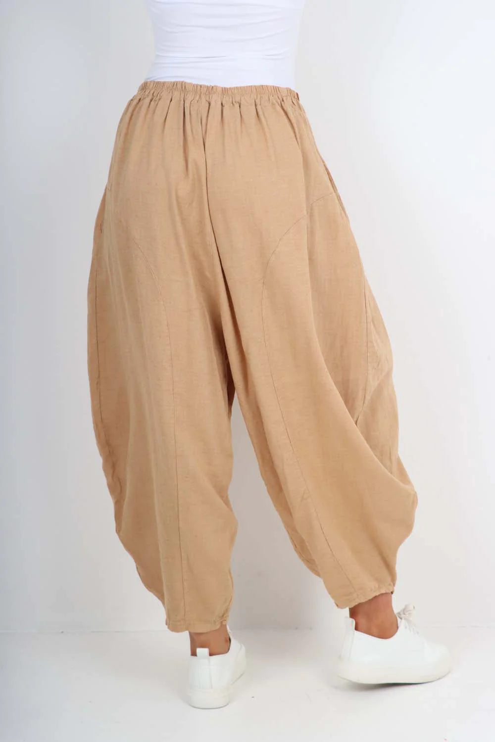 Italian Plain Linen Hareem Pants - Camel