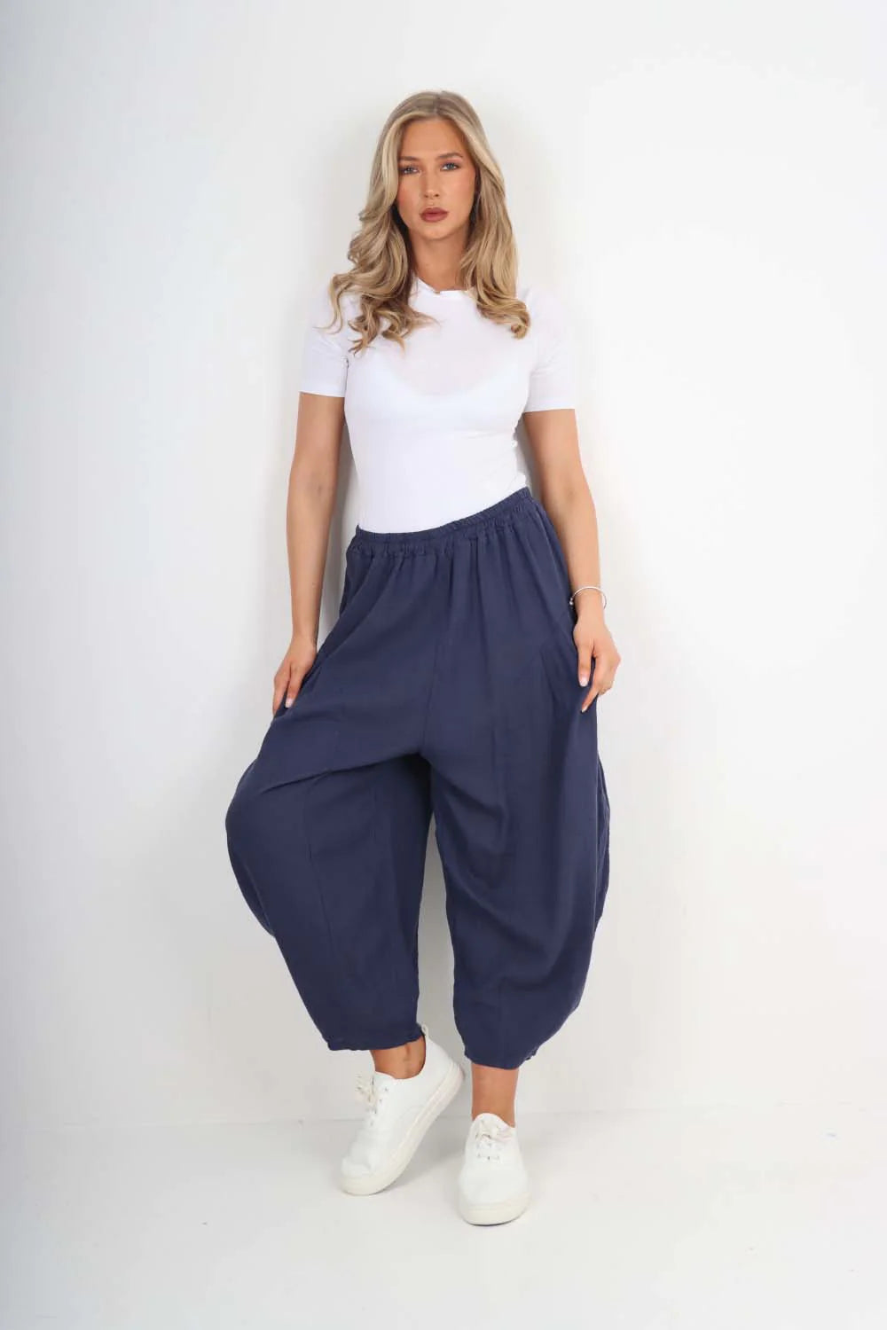 Italian Plain Linen Hareem Pants - Denim Blue